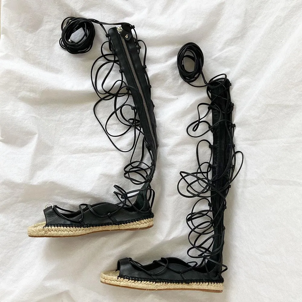 DSQUARED2 Riri Black Nappa Leather Lace-up Flat Espadrilles, 38