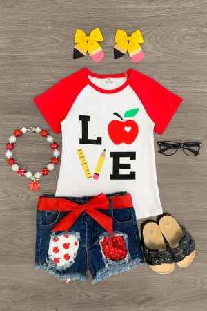 "LOVE" School Sequin Denim Short Set